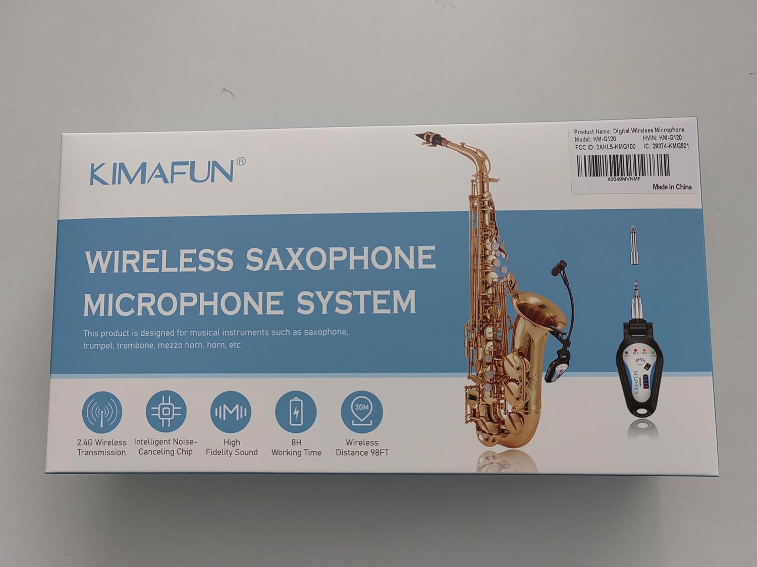 KIMAFUN 2.4G Wireless Saxophone Microphone, Clip-on Instrument Microphone, 100ft Range, Plug and Play, Wireless Transmitter & Receiver for Saxophone, French Horn, Trumpet, Trombone, G120