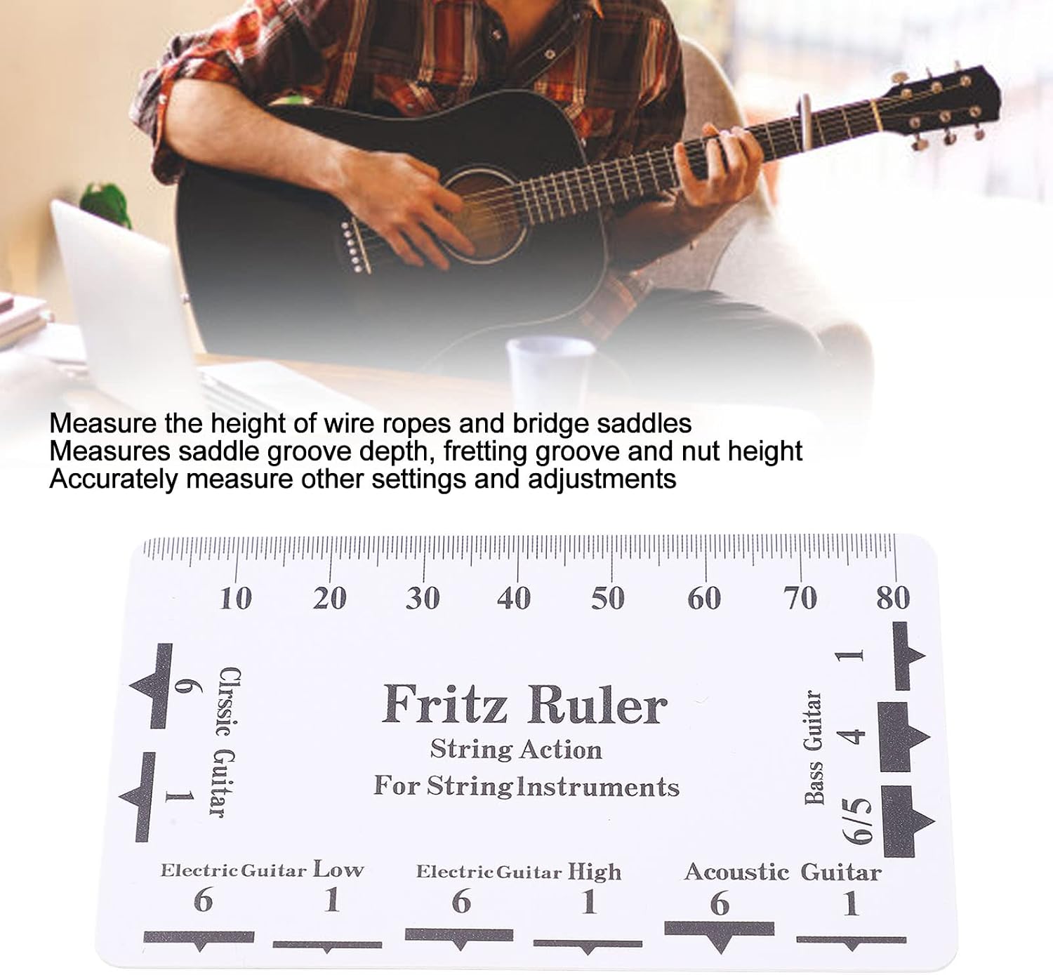 Drfeify String Action Gauge, Plastic, Setup Tool | Accurate Scale Measurement, Measures Saddle Nut, For Guitar Bass Ukulele, Luthier Setup Tool