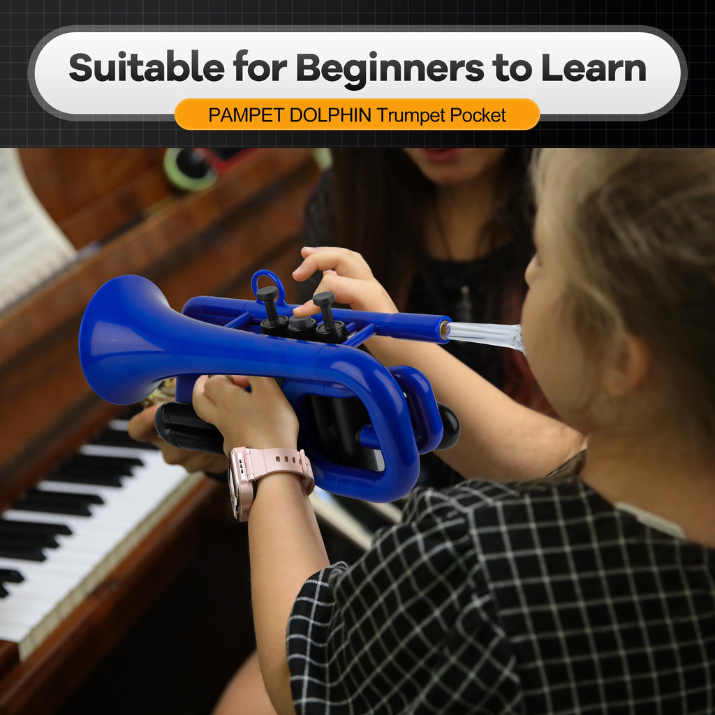 PAMPET DOLPHIN Pocket Trumpet Plastic Bb Trumpet Standard Trumpets for Student Beginner Bb Trumpets Instrument (Black)