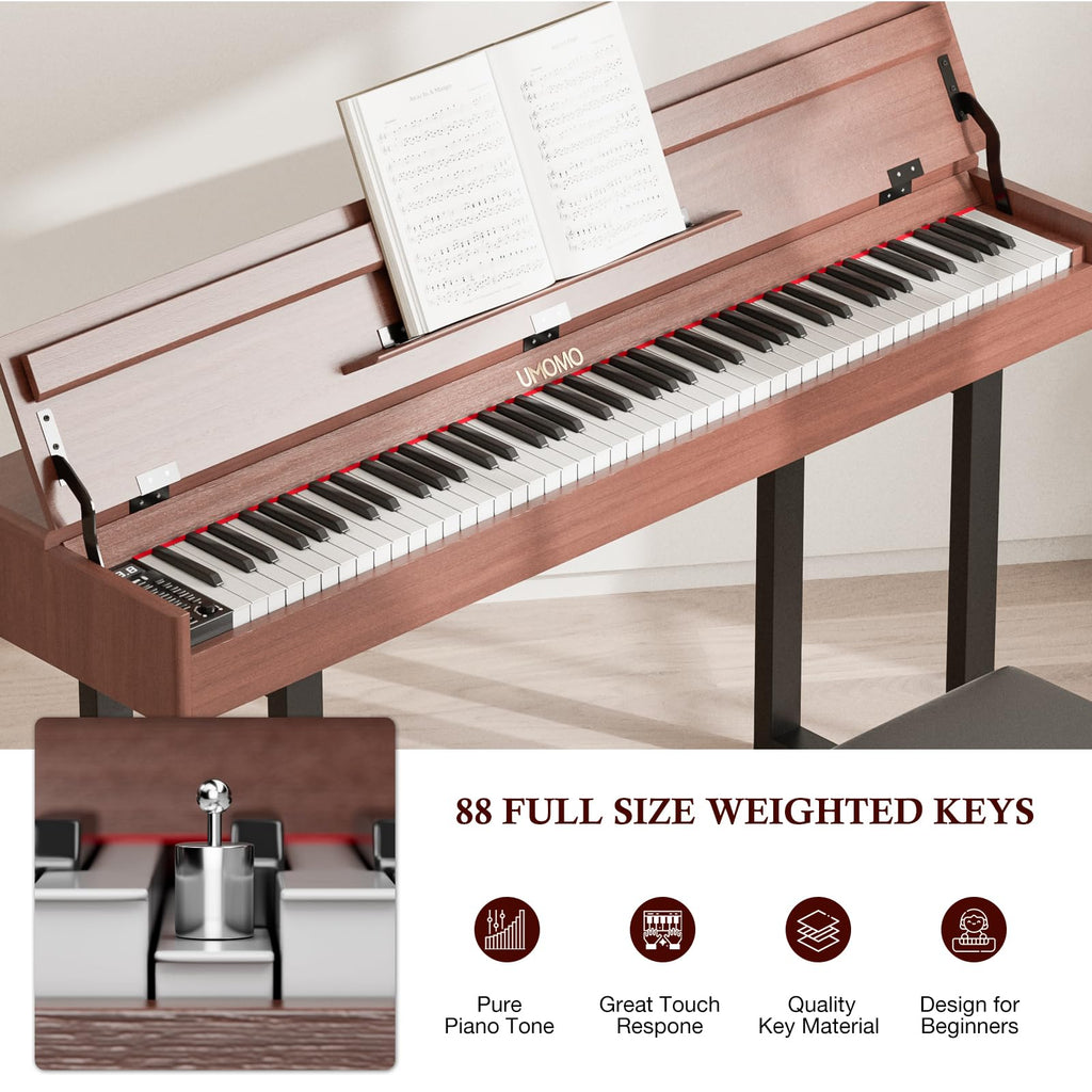 UMOMO 88 Key Weighted Digital Piano with Progressive Hammer Action, Metal Stand & Single Bench, Triple Pedals, USB MIDI, 128 Tones/Rhythms – Full Size Electric Keyboard for Beginners