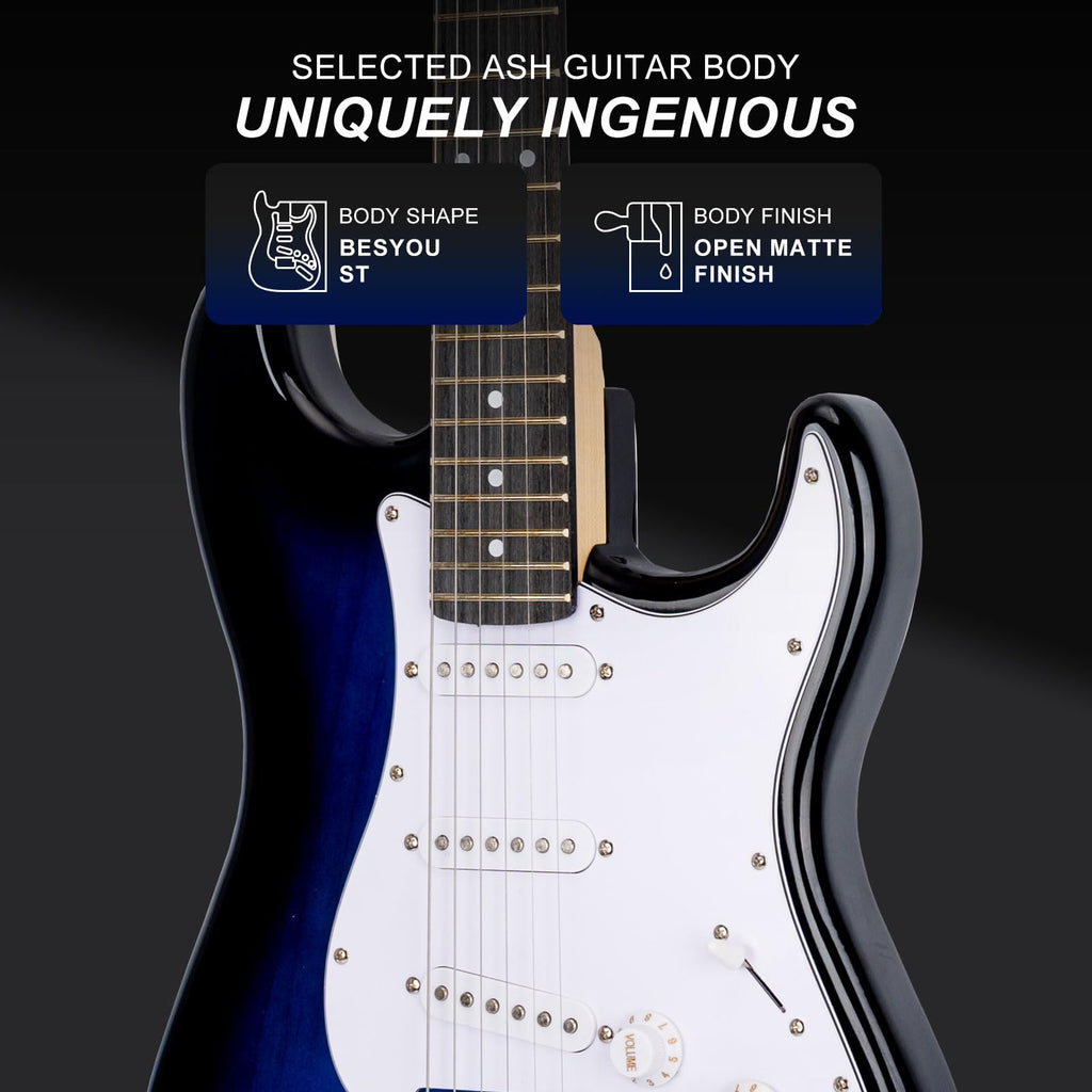 39 Inches Full Size Electric Guitar Beginner Electric Guitar Kits with 10W Amp Classic SSS Pickup Complete with Gig Bag Tuner Capo Strap Picks Guitar String Winders Black