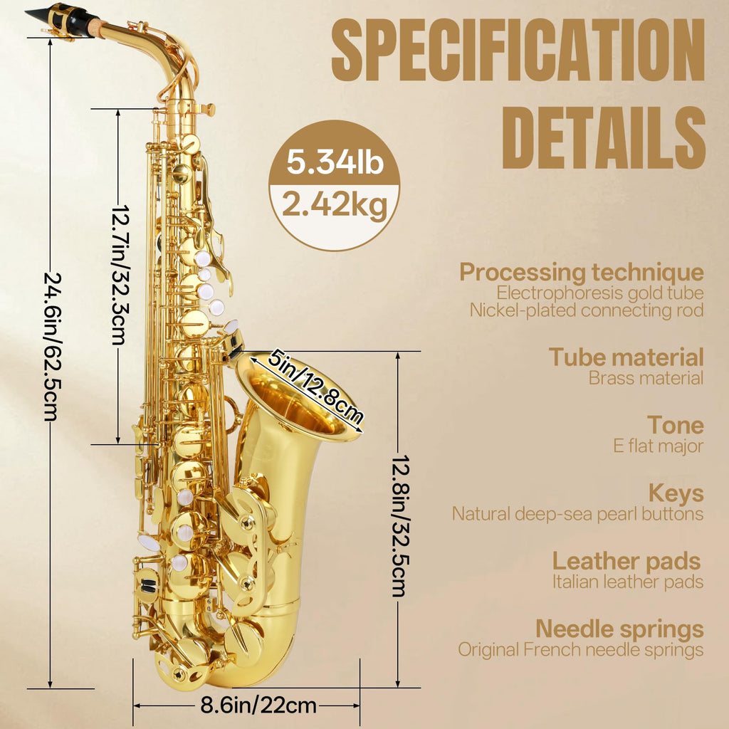 Kmise E Flat Alto Saxophone, Lightweight Saxophones for Students Beginner, Saxofon Full Kit with Portable Case, Sax Stand, Strap, Reeds, Beginner's Guides, Mute, Cleaning Kit (Gold Lacquer)