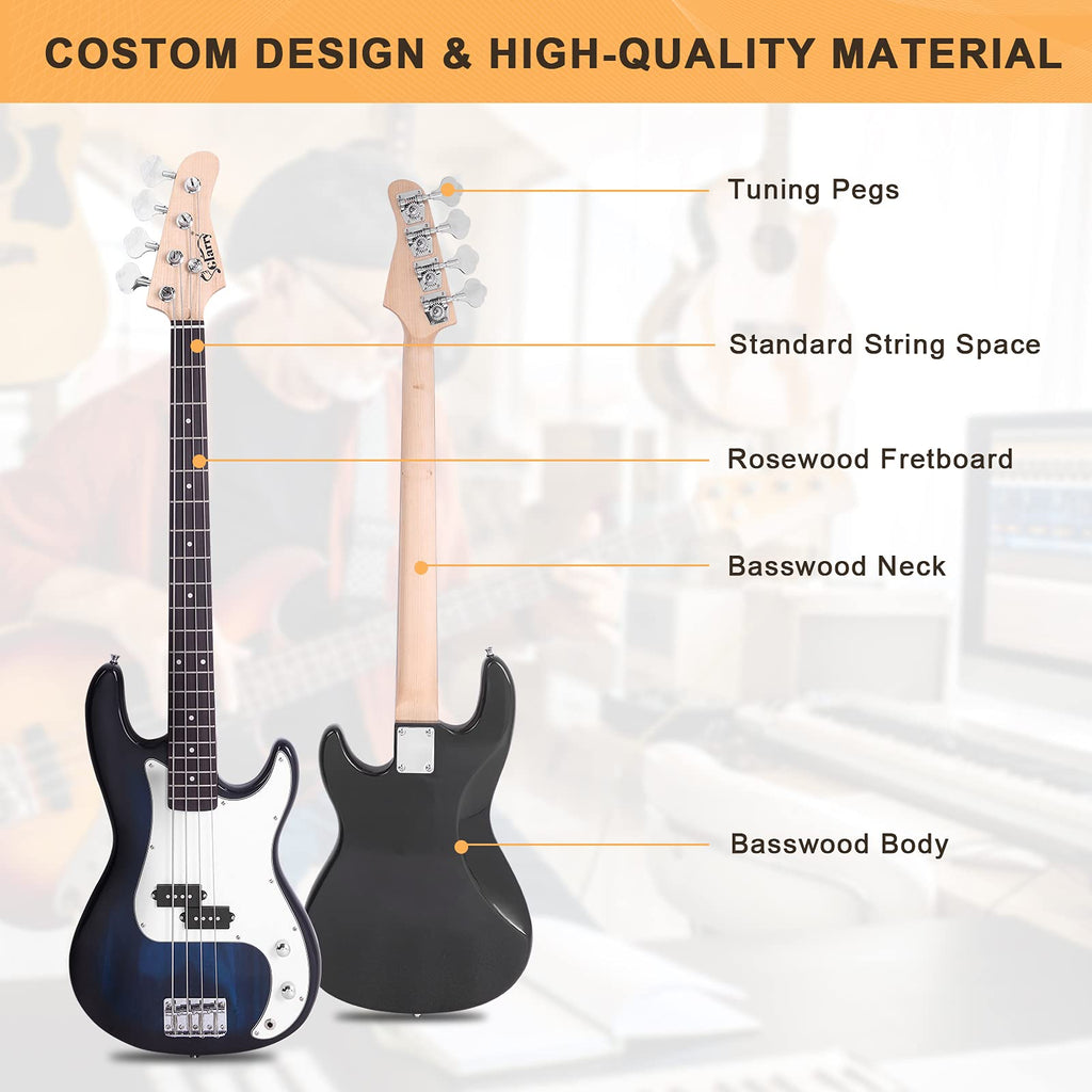 GLARRY Full Size Electric Bass Guitar Beginner Kit 4 String Exquisite Basswood Bass with 20W AMP, Cable, Strap, Bag and Accessories (Black, 39"Right Handed)