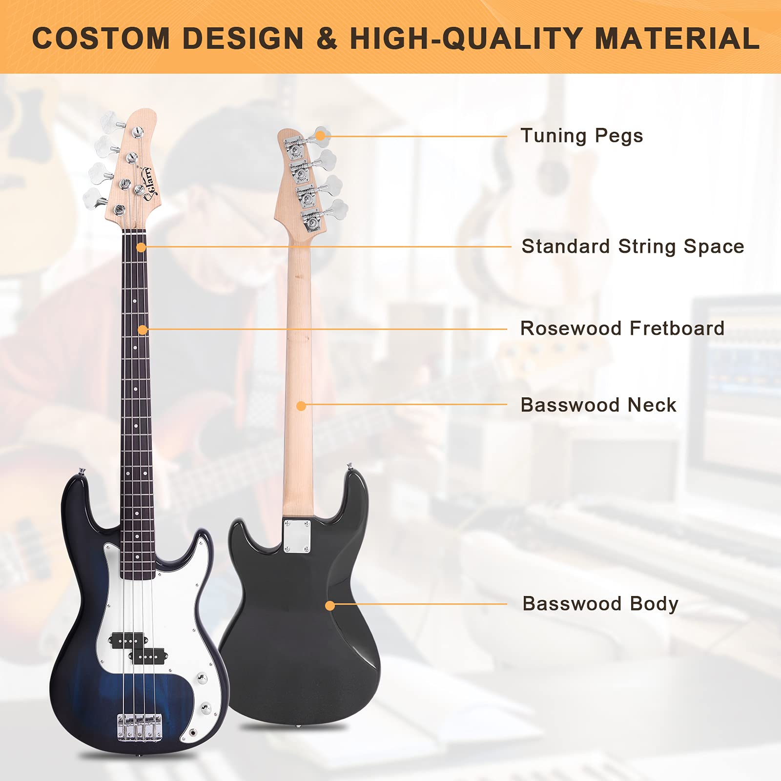 GLARRY Full Size Electric Bass Guitar Beginner Kit 4 String Exquisite Basswood Bass with 20W AMP, Cable, Strap, Bag and Accessories (Black, 39"Right Handed)