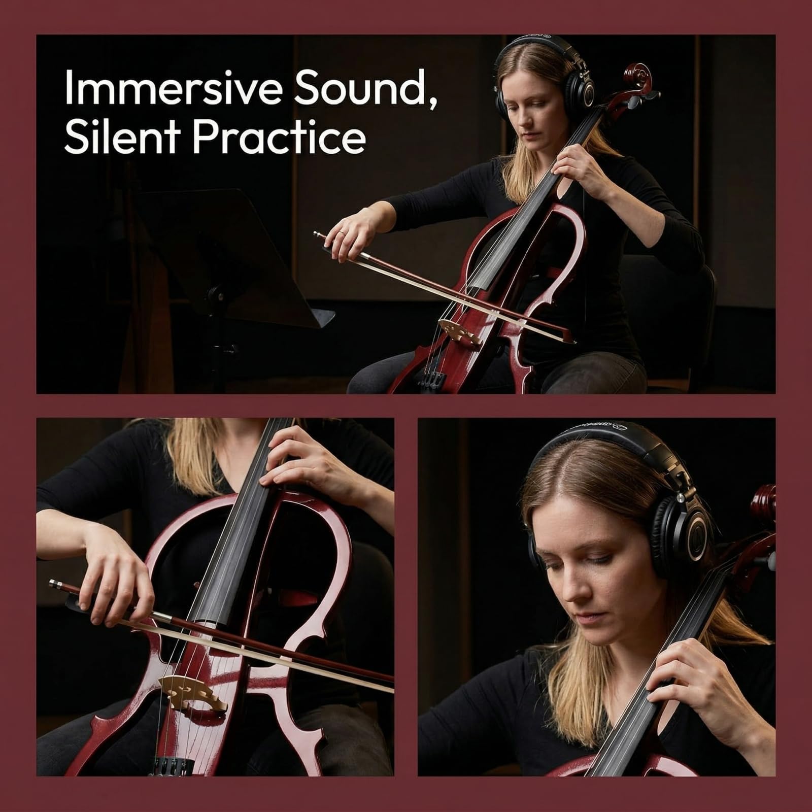 Electric Cello 4/4 Full Size Ebony Fittings with Lightweight Cello Bag, Headphones, Bow, Bridge, Rosin, Cello for Beginners Adults(Metallic Black) (Metallic Red Peach Heart -Cellos)