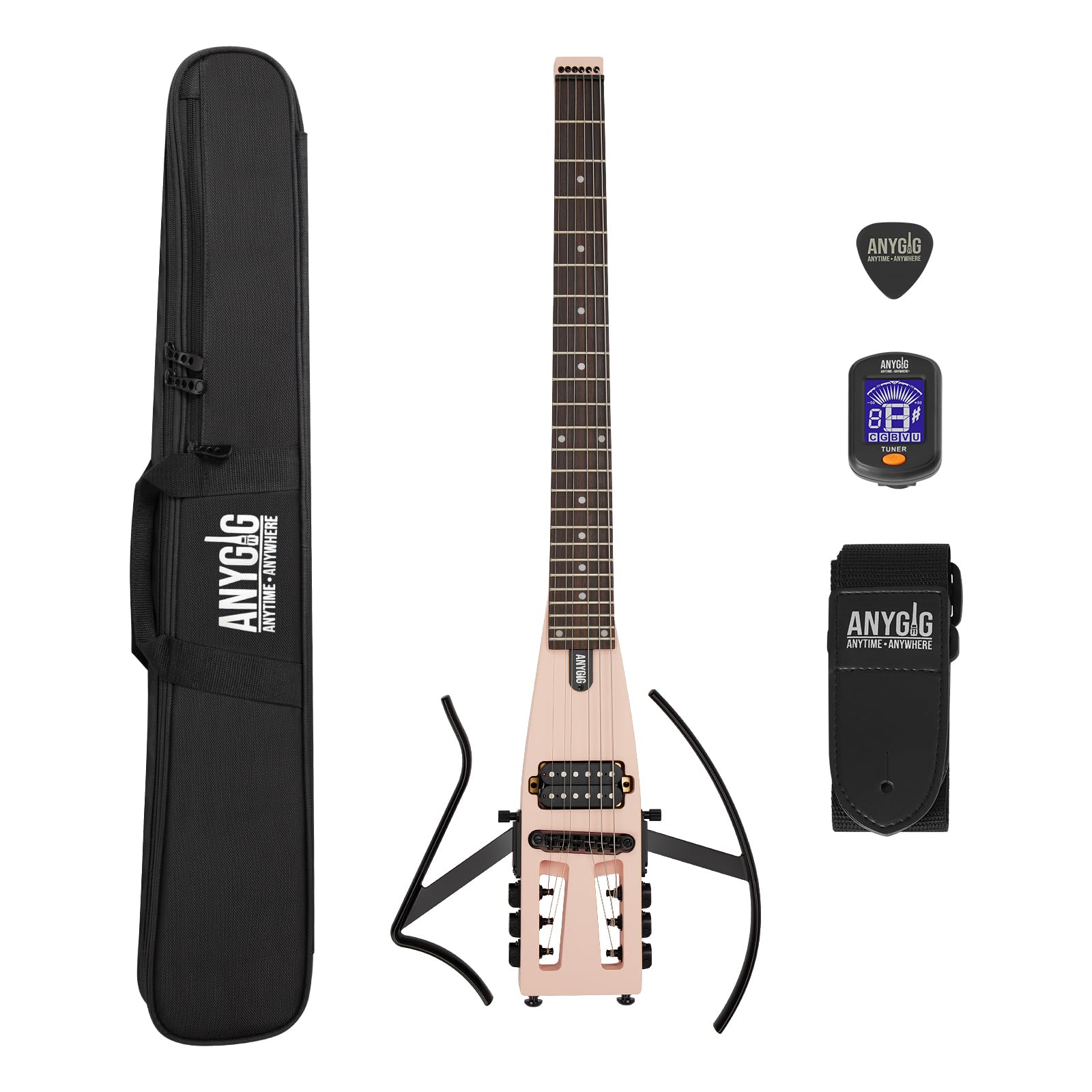 Anygig Travel Electric Guitar Headless – Portable Ultra-Light and Quiet, Full-Scale 25.5” Rosewood Fingerboard, Glow Humbucker, Gig Bag, Removable Stands for Left and Right Black