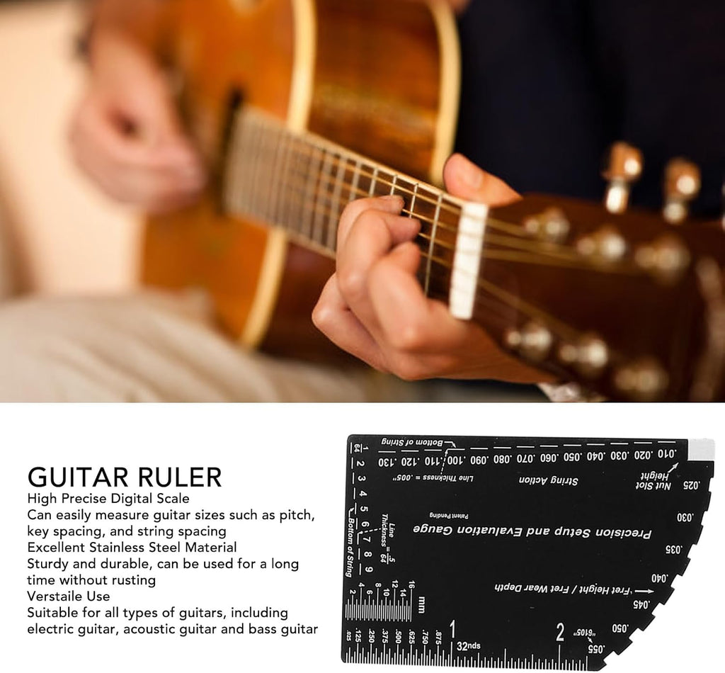 Stainless Steel String Action Gauge Ruler, Guitar Fret Ruler for Electric Acoustic Bass Guitars, Precision String Height Measurement Tool with Clear Scale for Luthiers and Guitar T