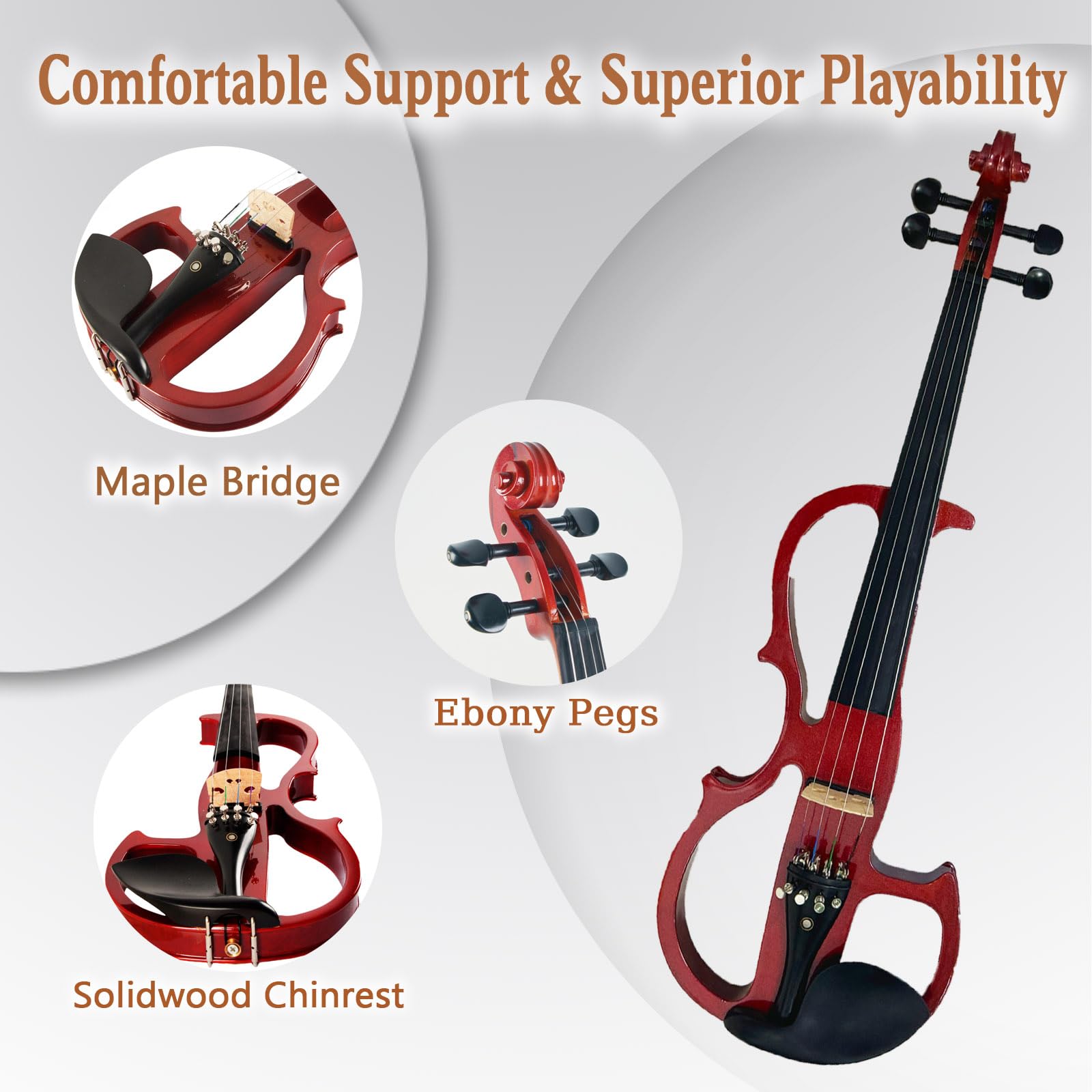 Electric Violin, 4/4 Full Size Solid Silent Fiddle with Ebony Fittings, Silent Electric Violin Kit for Beginner Students (Mahogany)