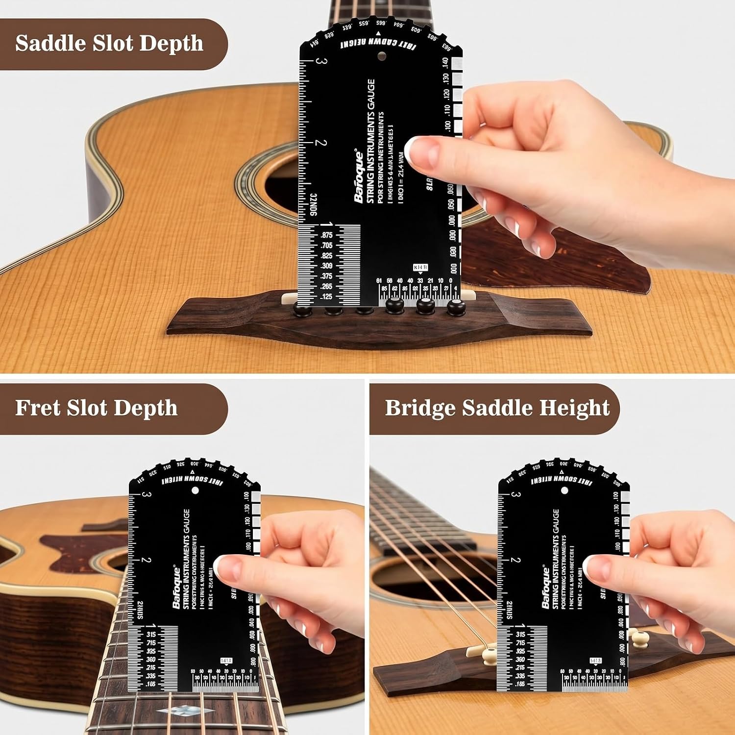String Action Gauge Ruler, Guitar Set Up Gauge,Multifunctional Guitar Fret Rocker Luthier Tool with Thick Leather Case,Precise Etched, Polished Edge (Inch and Metric)