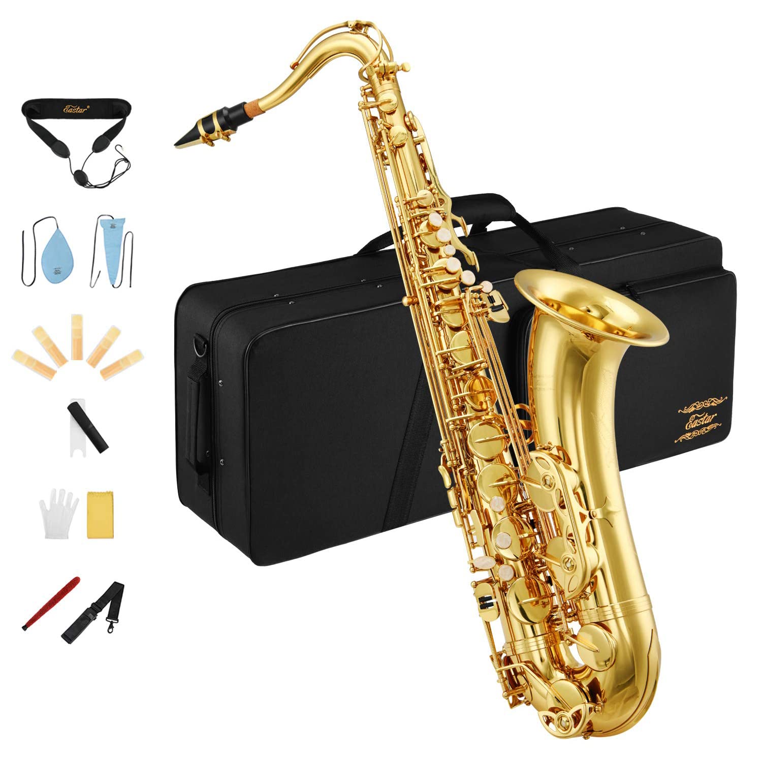 Eastar Student Alto Saxophone E Flat for Beginner Sax Full Kit with Carrying Case, Mouthpiece, Straps, Reeds, Stand, Golden Lacquer, AS-Ⅱ