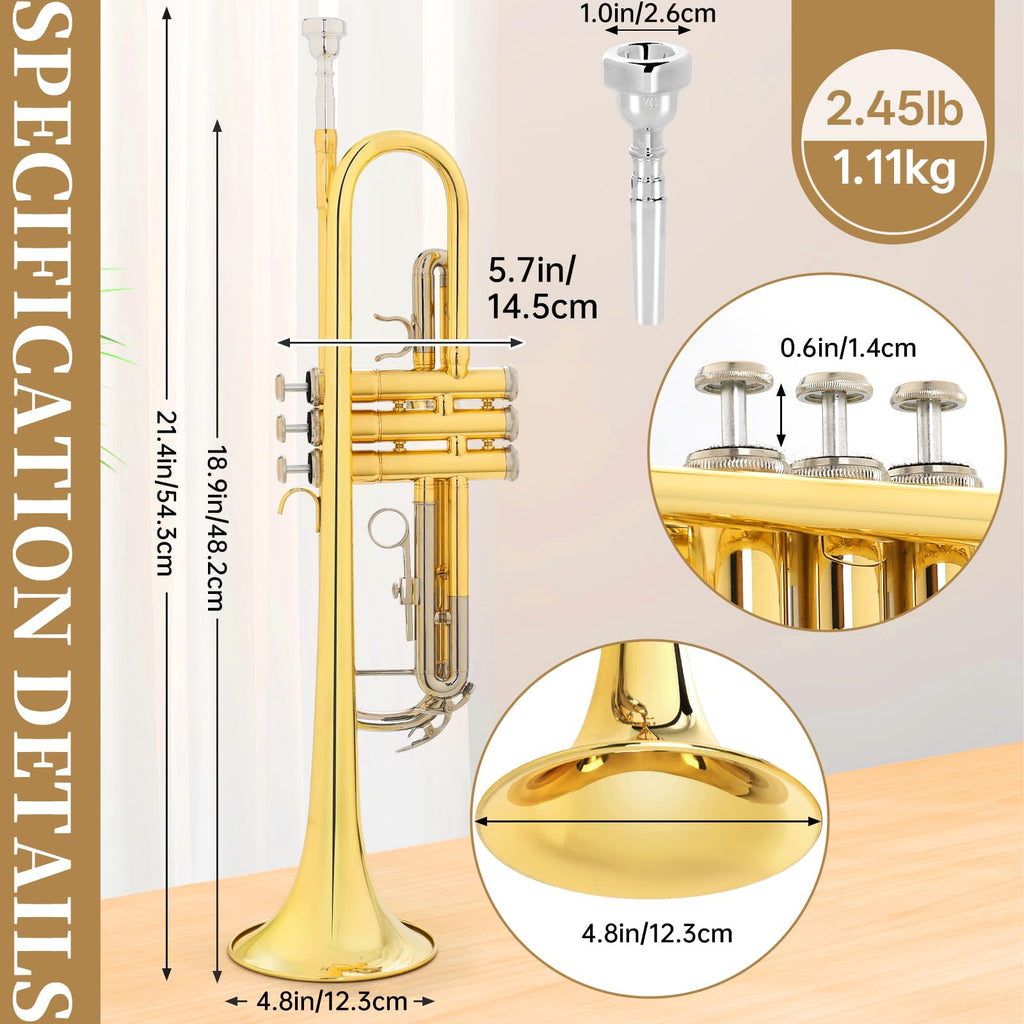 Kmise Bb Standard Trumpet, Premium Brass Trumpets for Student Beginner, Trumpet Instrument Set with Upgraded Case, 7C Mouthpiece, Mute, Beginner's Guide Kit, Cleaning Kit (Gold)