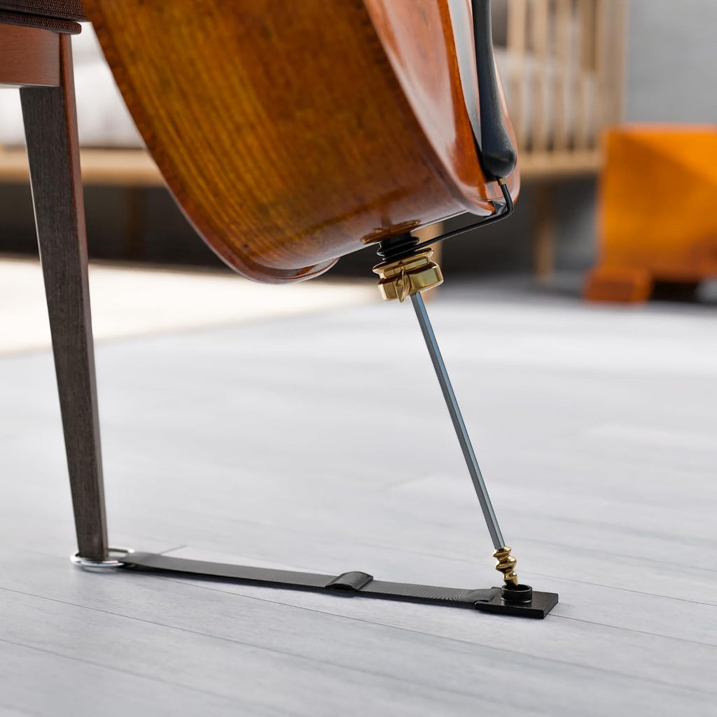 Cello Box Stand – Luxury Burgundy Plush Liner – Wooden Mahogany-tone Upright Instrument Holder – Wood Display Case - Integrated Bow Holder - with Cello Endpin Stopper - AFATATARA