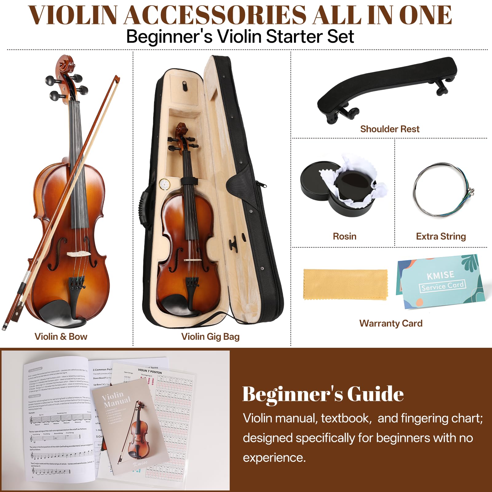 Kmise Violin 4/4 Full Set, Fingerboard Fret Markings Violins, Matte Acoustic Fiddle for Adults, Beginners, Students with Violin Case, Rosin, Strings, Bow, Shoulder Rest, Beginner's Guide (Matte, 4/4)