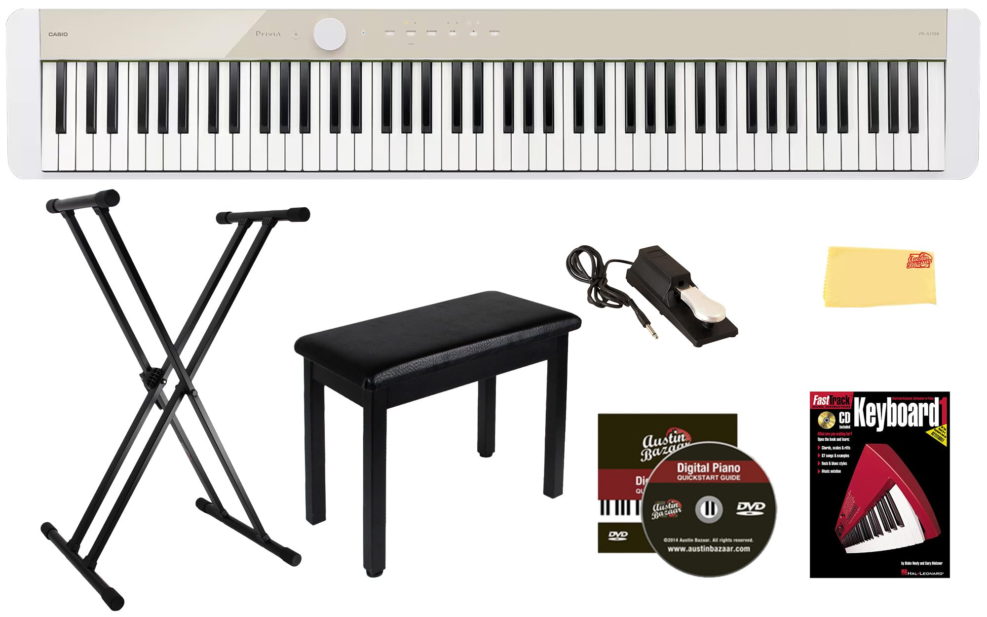 Casio PX-S1100 Privia Digital Piano - Black Bundle with CS-68 Furniture Stand, SP-34 Three Pedal System, Furniture Bench, Instructional Book, Instructional Video, and Austin Bazaar Polishing Cloth