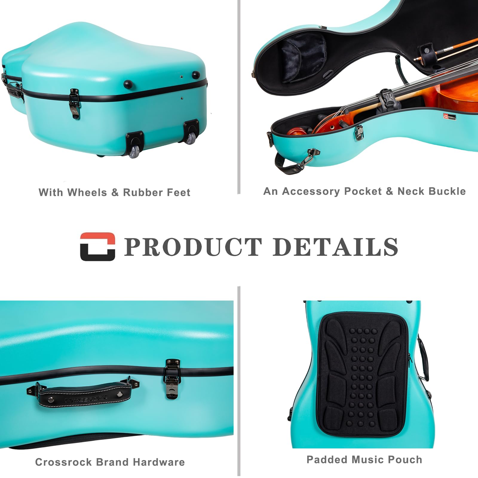Crossrock Poly Carbon Cello Case for 4/4 Full Size | Red Matte Finish, Black Velvet Interior, Wheels, Music Pouch – Lightweight Protection Series