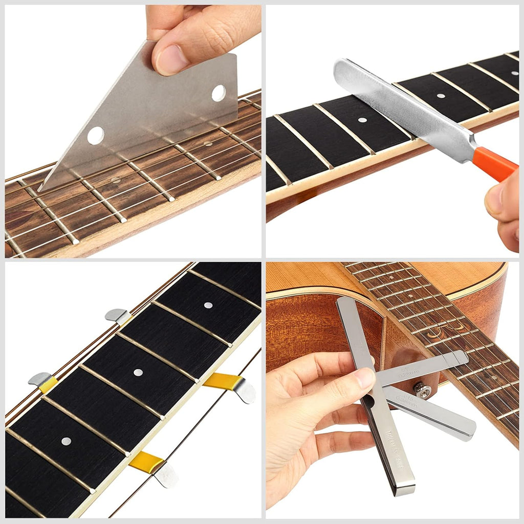 Guitar Luthier Tool Set, Guitar Fret Crowning File, Fret Leveling Beam, String Action Ruler Gauge, Feeler Gauge, Fret Rocker, Fingerboard Guards, String Spreaders and Replacement Sanding Papers