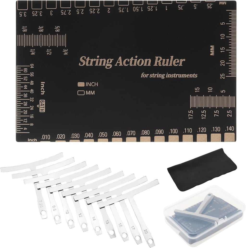 Guitar Luthier Tools Radius Gauge String Action Ruler Measuring Setup Kit | 9 radius size.Laser-engraved stainless steel.Matte finish reduces glare. w Cleaning Cloth Storage Case for Acoustic/Electric