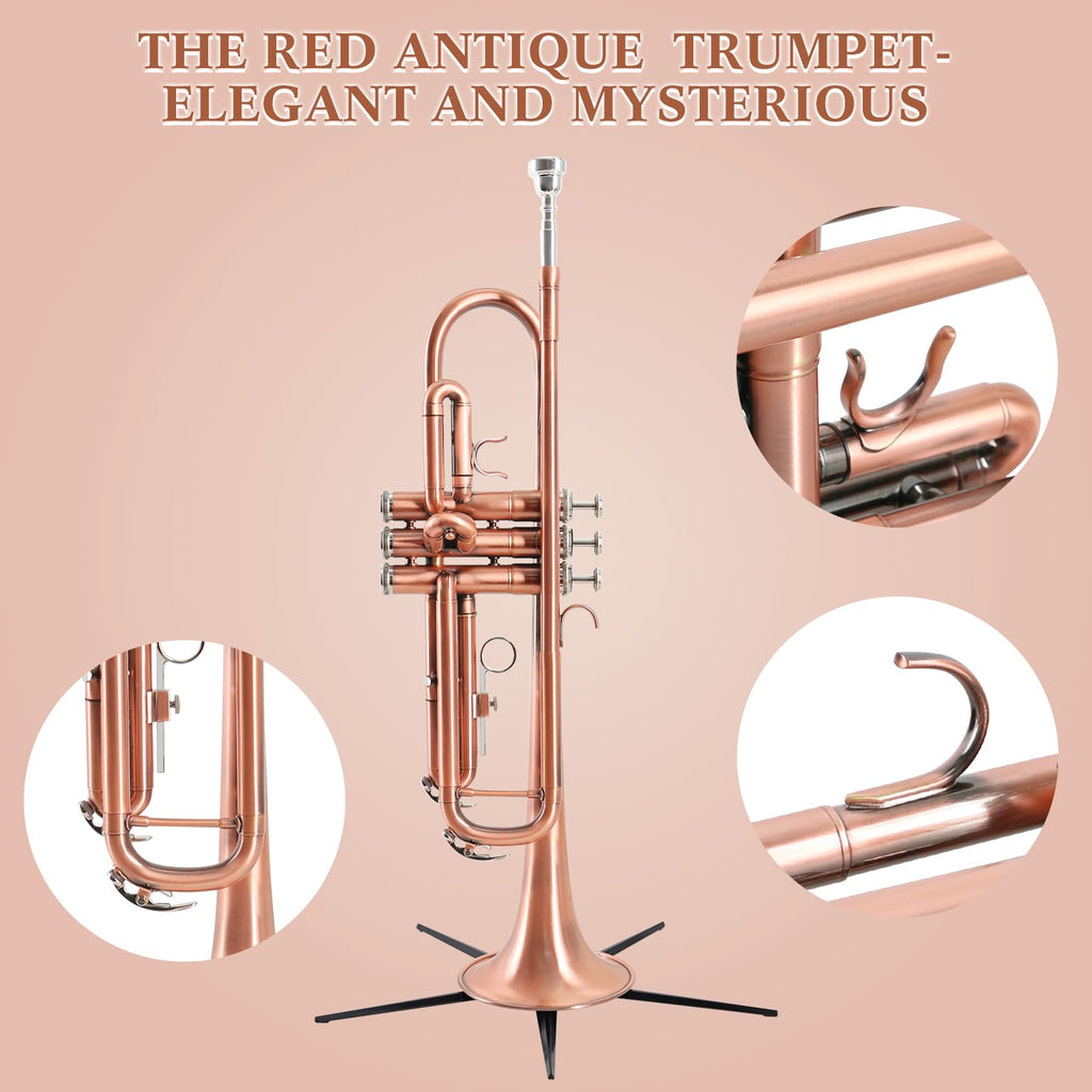EASTROCK Bb Trumpet Standard Trumpet Set with Carrying Case,Gloves, 7C Mouthpiece, Cleaning Kit, Tuning Rod (Red Antique)