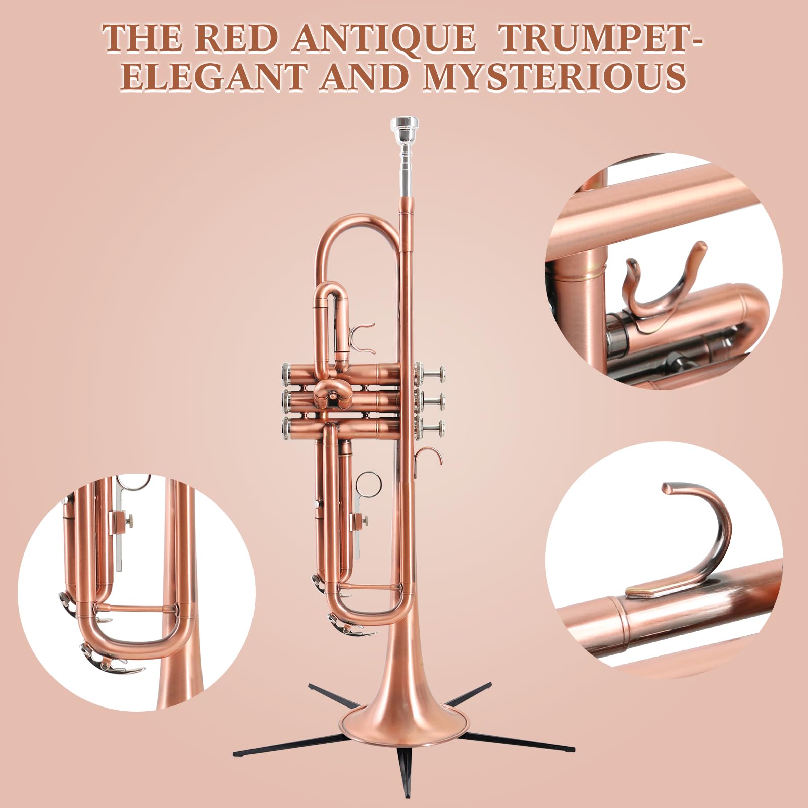 EASTROCK Bb Trumpet Standard Trumpet Set with Carrying Case,Gloves, 7C Mouthpiece, Cleaning Kit, Tuning Rod (Red Antique)