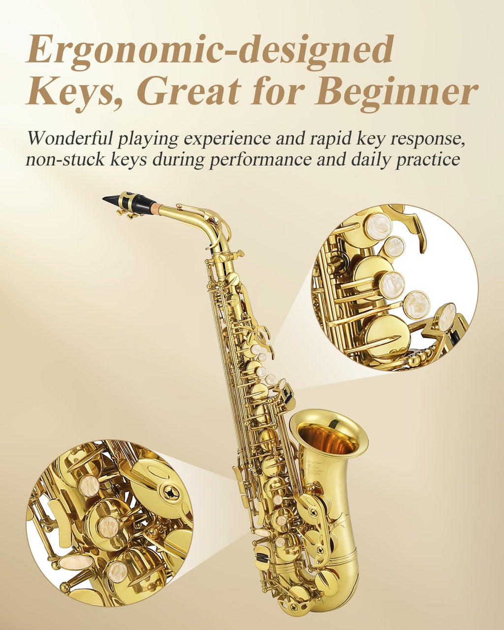 Eastar Student Alto Saxophone E Flat for Beginner Sax Full Kit with Carrying Case, Mouthpiece, Straps, Reeds, Stand, Golden Lacquer, AS-Ⅱ