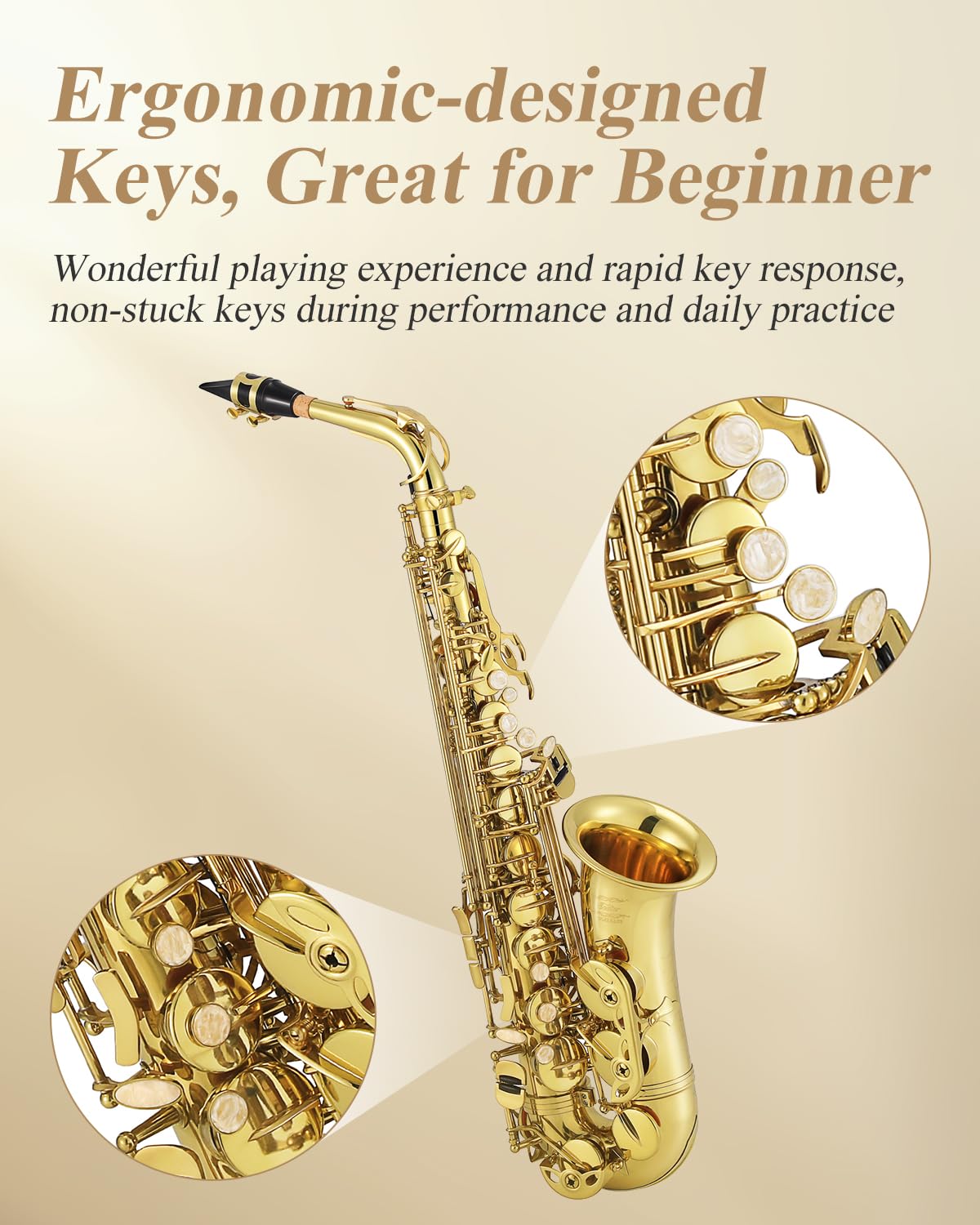 Eastar Student Alto Saxophone E Flat for Beginner Sax Full Kit with Carrying Case, Mouthpiece, Straps, Reeds, Stand, Golden Lacquer, AS-Ⅱ
