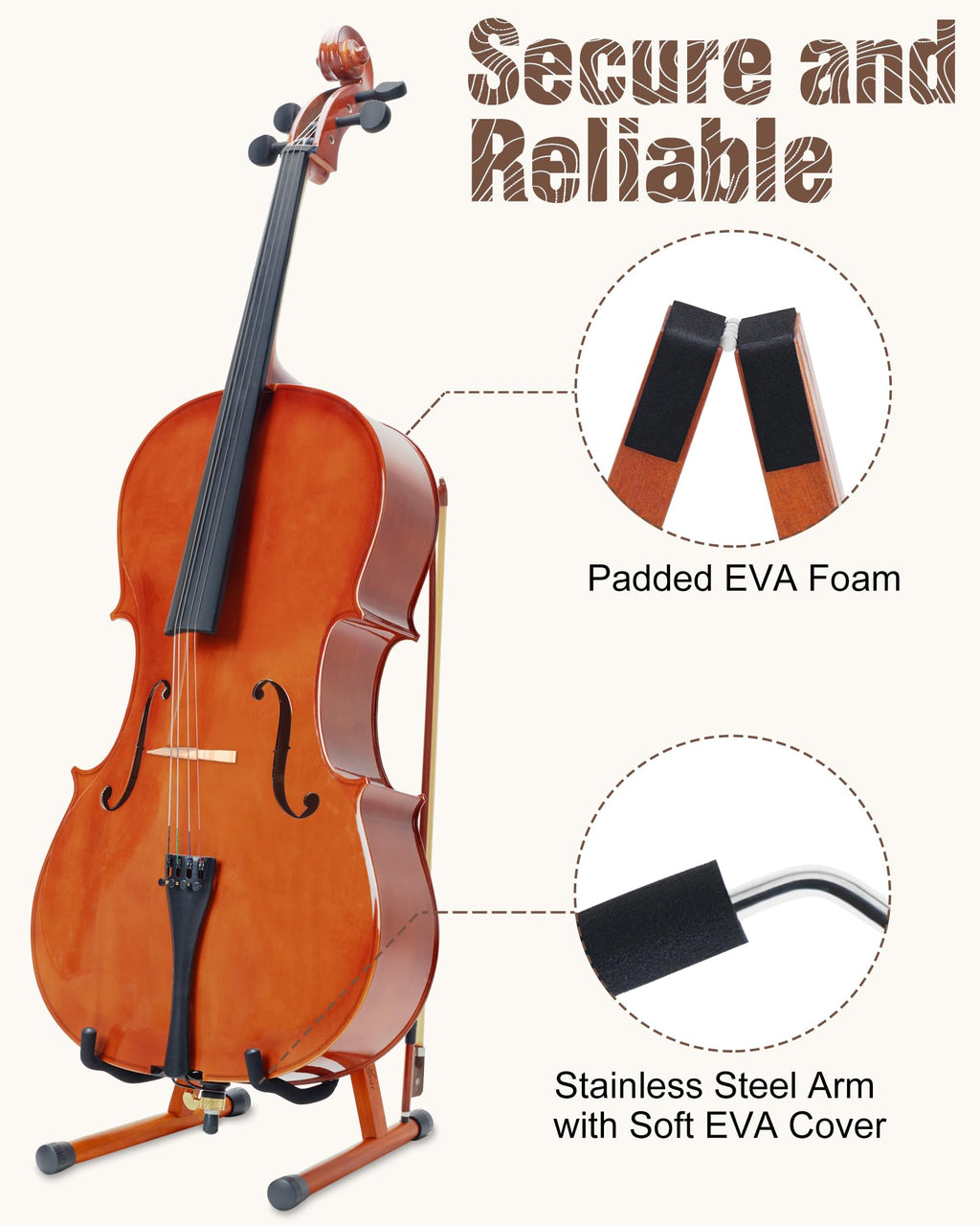 Cello Stand with Bow Holder, Mahogany Wooden A-Shape Floor Stand with Padded Foam, Handcrafted Cello Rack Fits 1/2, 3/4, 7/8, 4/4 Full-Size and Guitar, Instrument Holder for Home and Studio Display