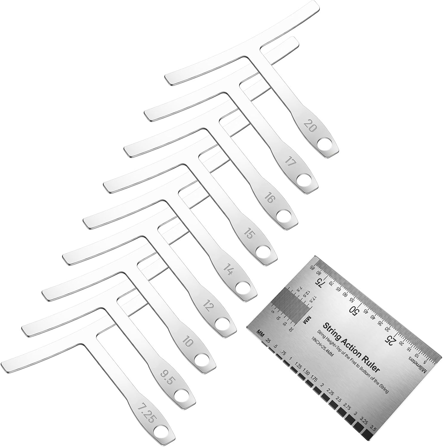 Guitar Radius Gauge Set, 9-Piece Understring Radius Tools String Action Ruler Luthier Kit Precision Measuring Tool for Guitar Bass Setup Repair (Stainless Steel)