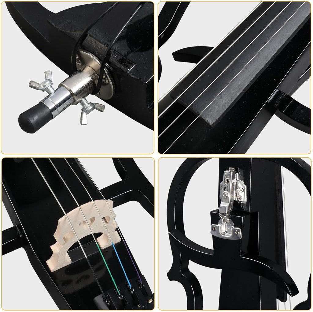 4/4 Black Metallic Electric Cello, Professional Silent Electric Cello Kit, Solid Wood Electric Silent Cello, Professional Stage Performance, with Case, Bow, Rosin, Earphone, Connecting line
