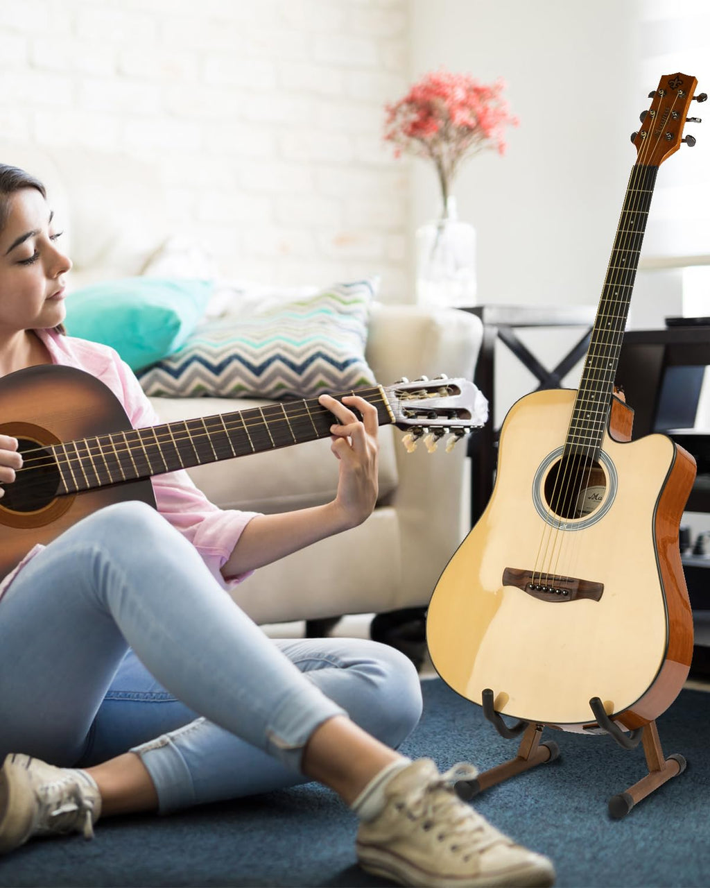 STRICH Wood Guitar Stand, A-Style Folding Acoustic Electric Floor Guitars Stand, Wood Ukulele Holder for Bass, Cello, Mandolin, Banjo, SGS-02