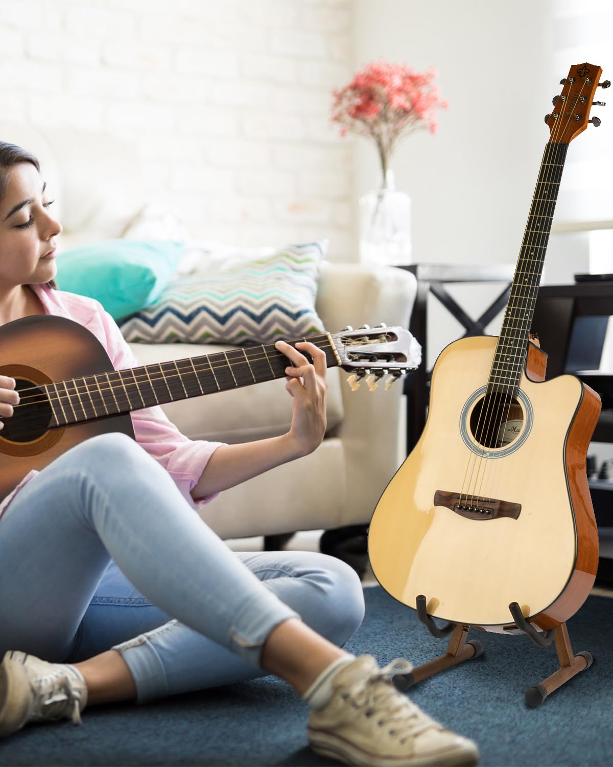 STRICH Wood Guitar Stand, A-Style Folding Acoustic Electric Floor Guitars Stand, Wood Ukulele Holder for Bass, Cello, Mandolin, Banjo, SGS-02