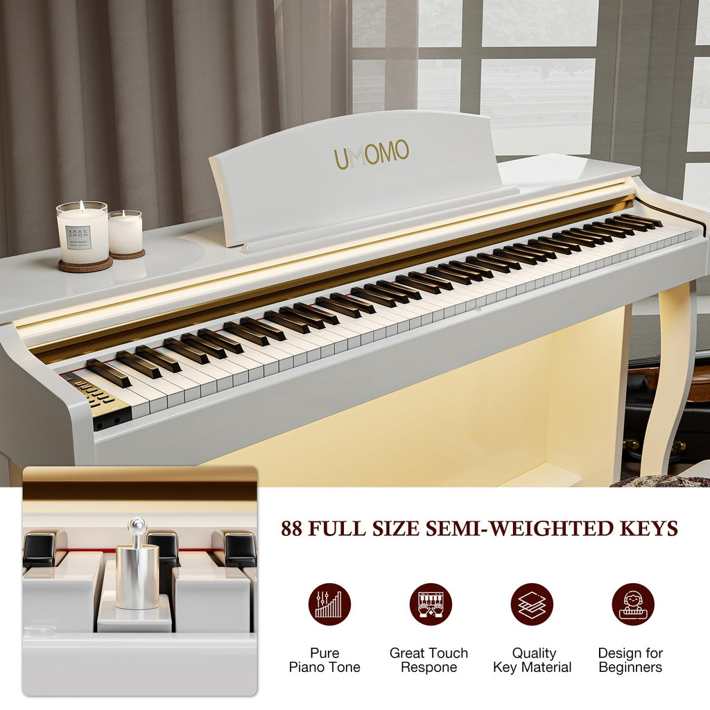 UMOMO 88- Key Weighted Hammer Action Digital Piano with Adjustable Light, Full-Size Electric Keyboard with Triple Pedals, Realistic Touch for Beginners & Intermediate Players Glossy Black
