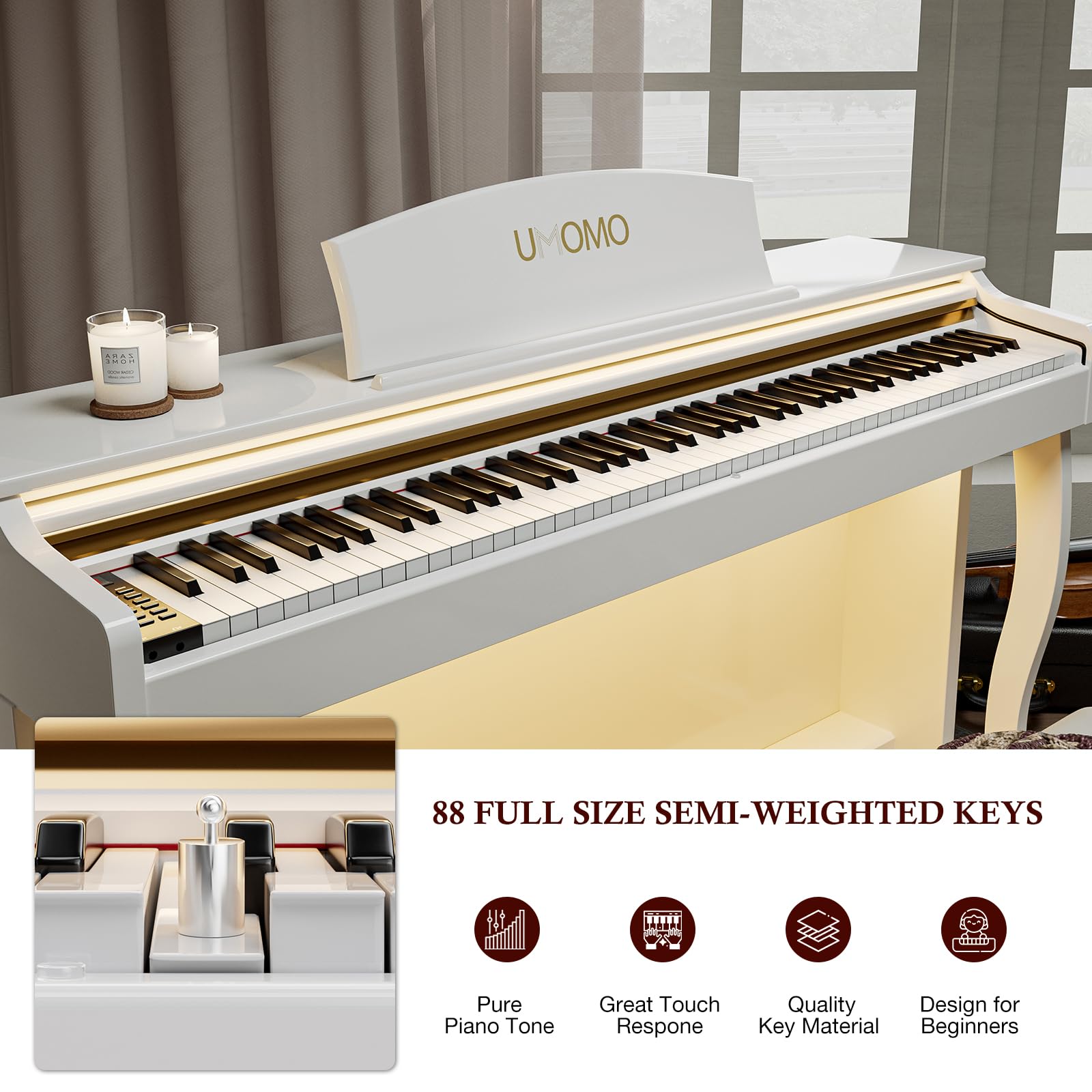 UMOMO 88- Key Weighted Hammer Action Digital Piano with Adjustable Light, Full-Size Electric Keyboard with Triple Pedals, Realistic Touch for Beginners & Intermediate Players Glossy Black