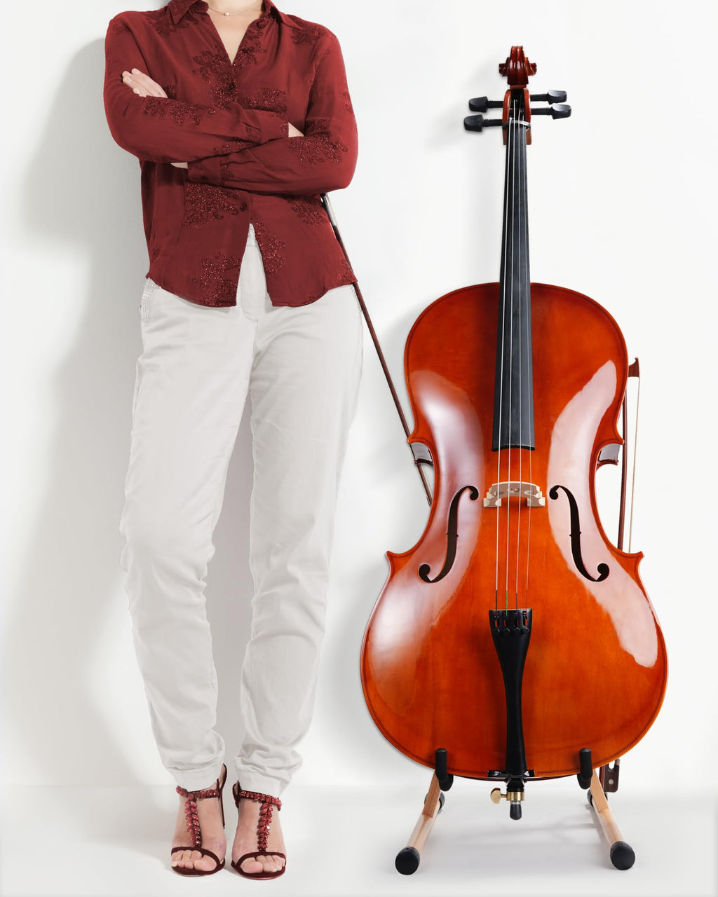 Cello Stand with Bow Holder, Mahogany Wooden A-Shape Floor Stand with Padded Foam, Handcrafted Cello Rack Fits 1/2, 3/4, 7/8, 4/4 Full-Size and Guitar, Instrument Holder for Home and Studio Display