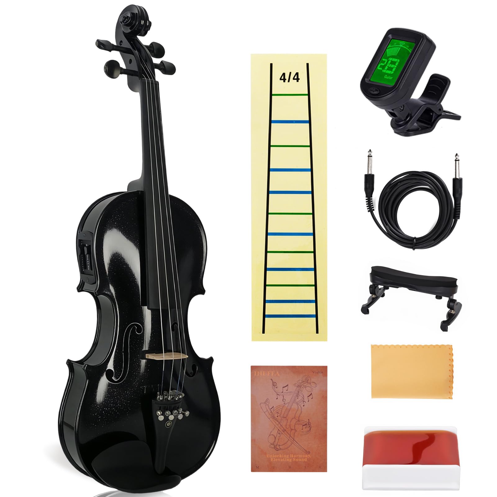 Electric/Acoustic Violin with Ebony Accessories with Carrying Case, Violin Bow, Bridge, Shoulder Rest, Stickers, Tuner, Instruction, Handcraft with Maple, Spruce (White)