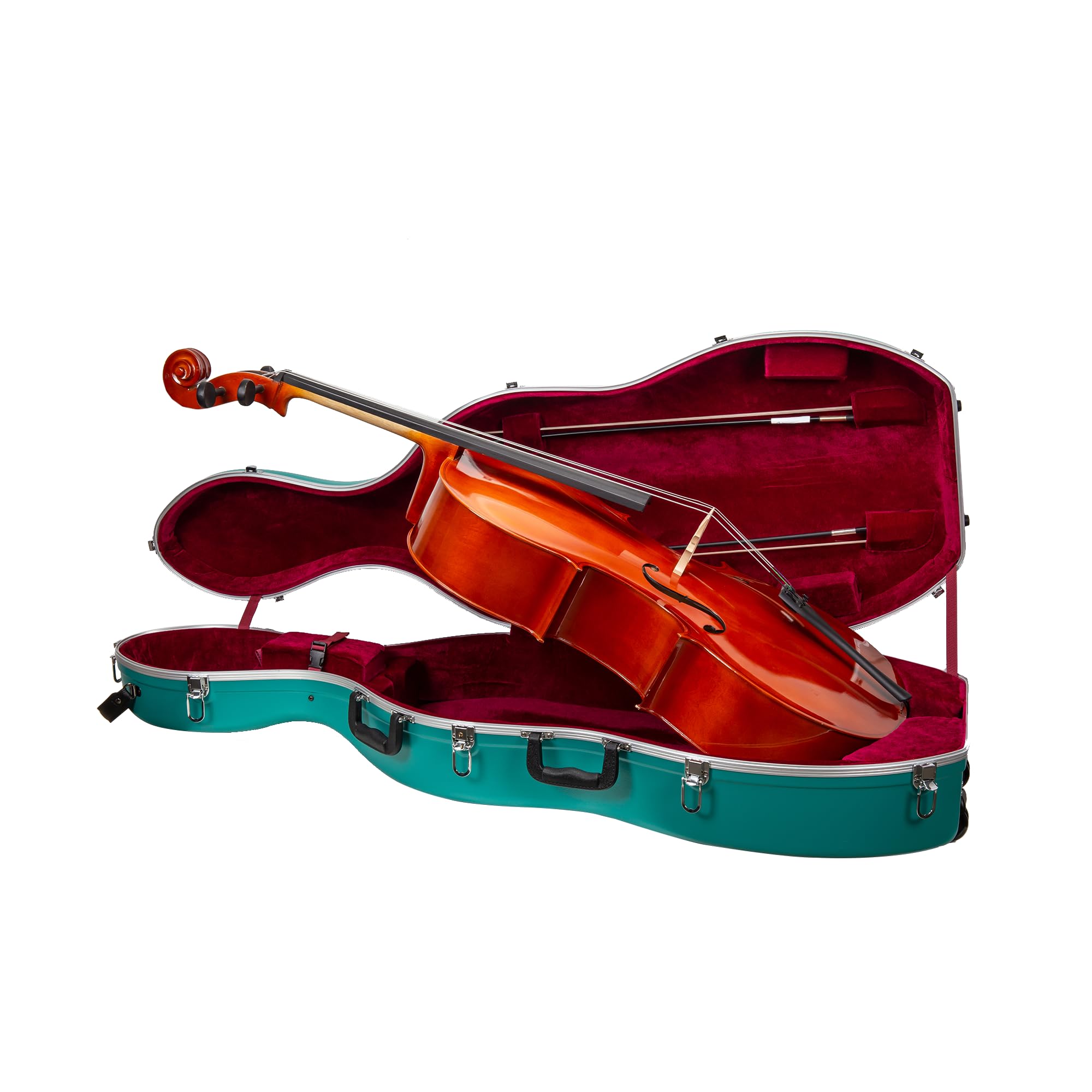 Crossrock 4/4 & 3/4 Cello Case with Wheels | Matte Mint Blue ABS Shell, Wine Red Velvet Interior, Backpack Straps – New Mold Design – (CRA870CEFMB)
