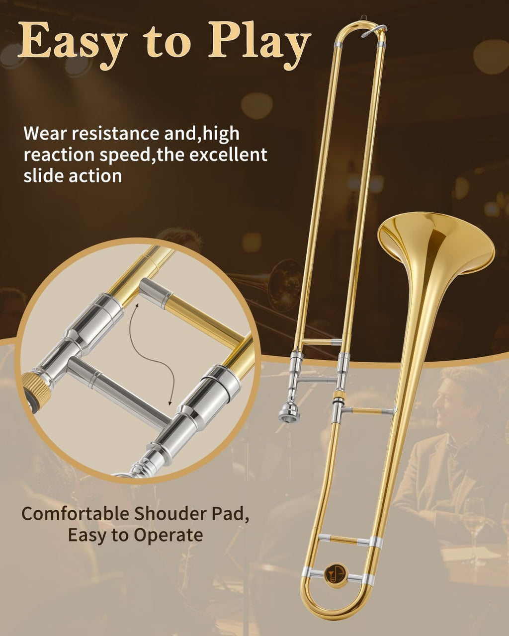 STRICH Bb Tenor Slide Trombone Student Beginner Brass Trombone Kit with 7C Mouthpiece White Gloves Cleaning Kit Hard Performance Case, STB-1G, Gold