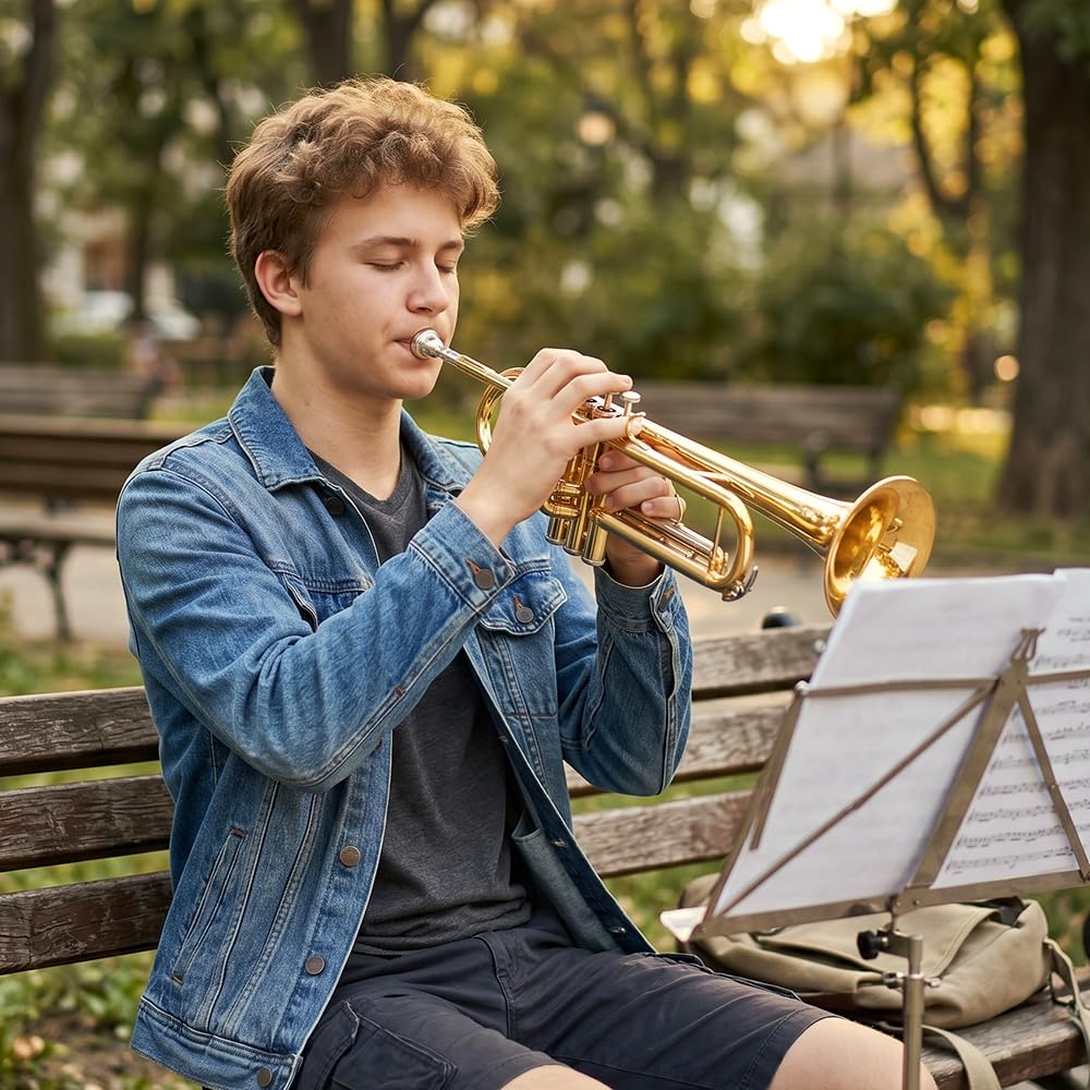 Bb Trumpet for Beginners – Standard B Flat Brass Instrument with 7C Mouthpiece, Hard Case & Cleaning Kit, Student Trumpet for Band Practice, Lessons & Gift (Golden)