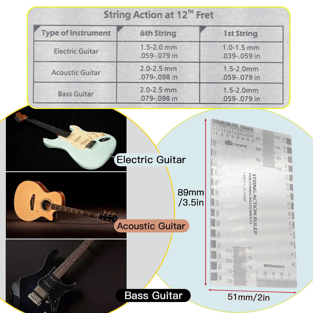 10-Piece Guitar Luthier Tool Set Radius Gauge and Action Ruler | understring gauge set, neck action height check, acoustic electric bass fit, silver steel ruler, nut saddle fret setup