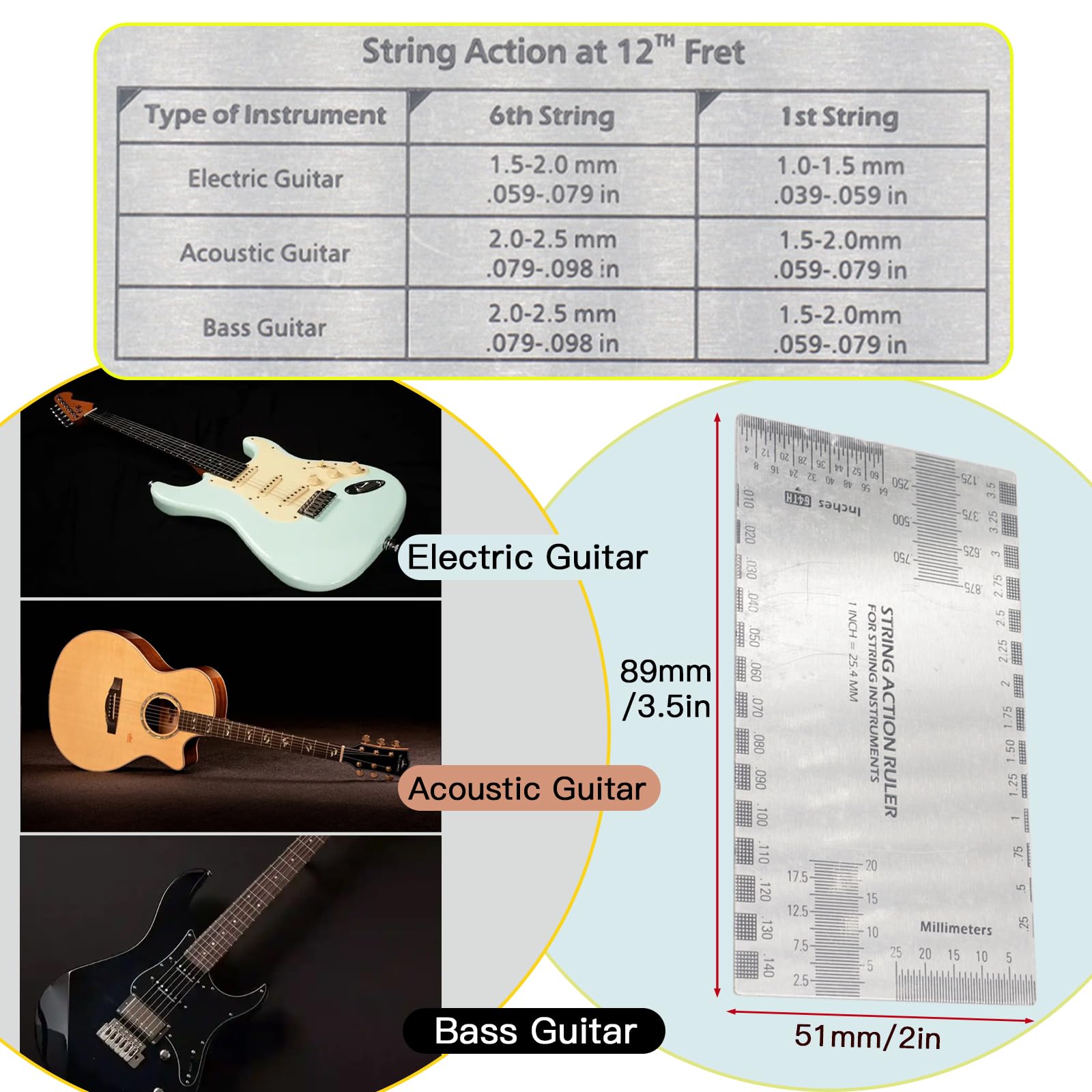 10-Piece Guitar Luthier Tool Set Radius Gauge and Action Ruler | understring gauge set, neck action height check, acoustic electric bass fit, silver steel ruler, nut saddle fret setup