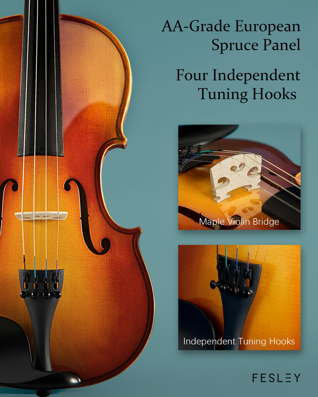 Fesley 4/4 Beginner Violin Kit for Adults & Teens, Full Size Acoustic Violin Set with Hard Case, Bow, Shoulder Rest, Digital Tuner & Extra Strings, Handmade Solid Wood Student Violin
