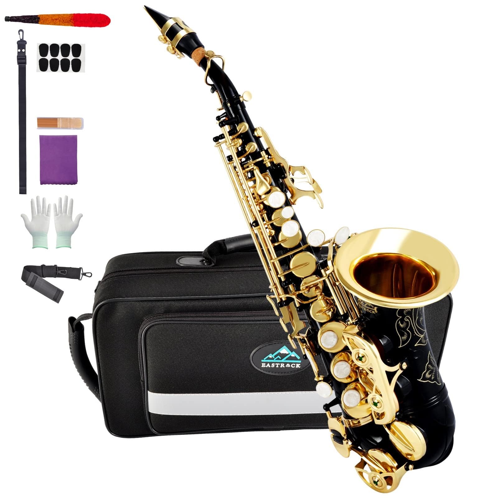 EASTROCK Soprano Saxophone Curved Bb Flat Black Sax Instruments for Beginners Intermediate Players with Carrying Case,Mouthpiece,Pads,Reed,Cleaning kit,neck Strap,White Gloves