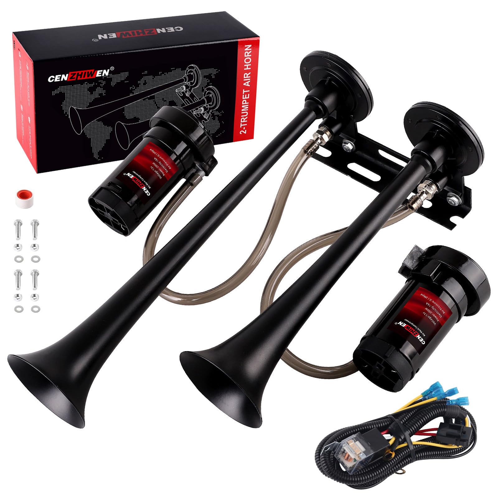 Dual 2-Trumpet Metal Air Horn for truck Kit with 2 air Compressors,12V 150dB Ultra Loud impact train car horn moto horn is suitable for pickup/SUV/Boat (Two-tube integrated)