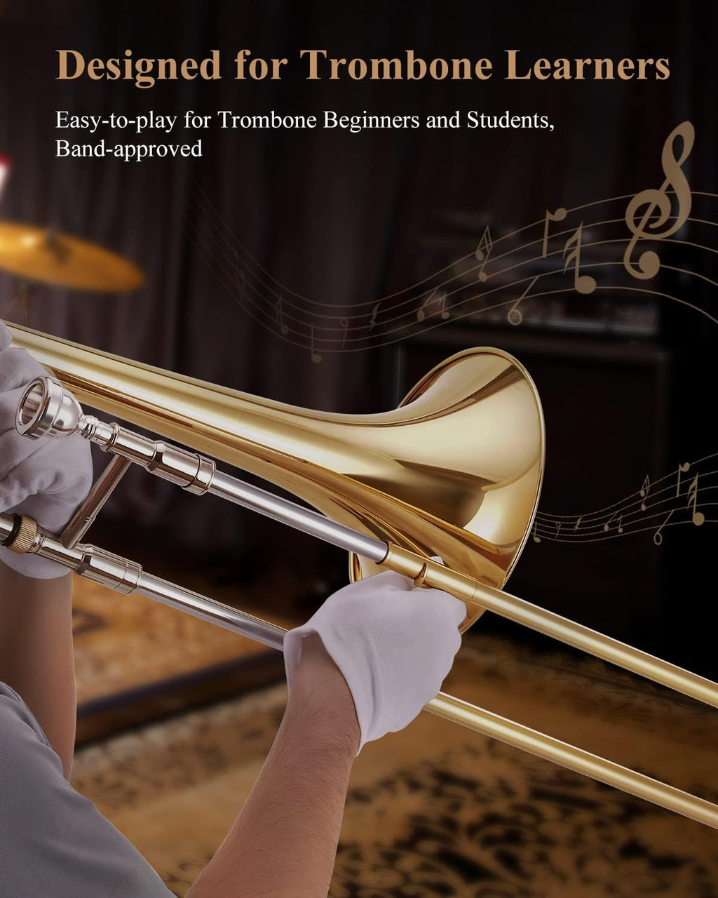 Eastar Bb Tenor Slide Trombone for Beginners Students, B Flat Brass Plated Trombone Instrument with Mouthpiece, White Gloves, Cleaning Kit, ETB-330, Golden