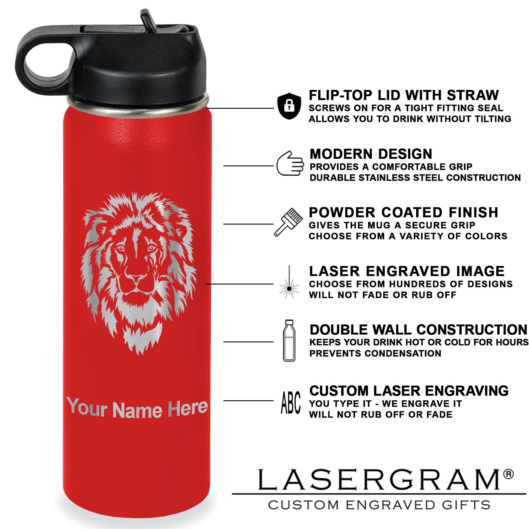 LaserGram Personalized Water Bottle, Trombone, Stainless Steel Double Wall Vacuum Insulated with Flip Top Straw, Custom Engraved Gift (32oz / 950ml Lavender)