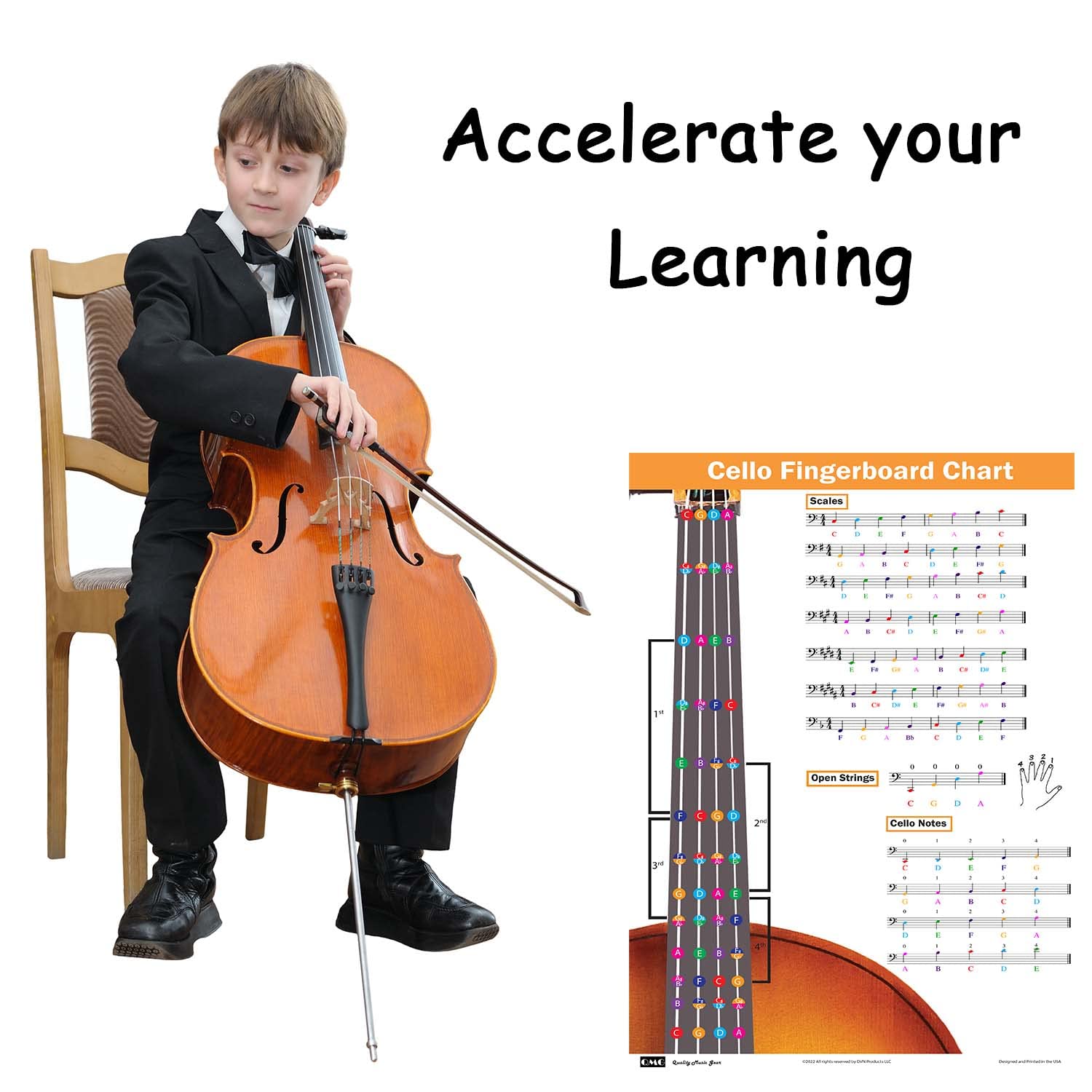 QMG Cello Fingering Chart with Color-Coded Notes, Cello Scales Techniques Suitable for All Levels