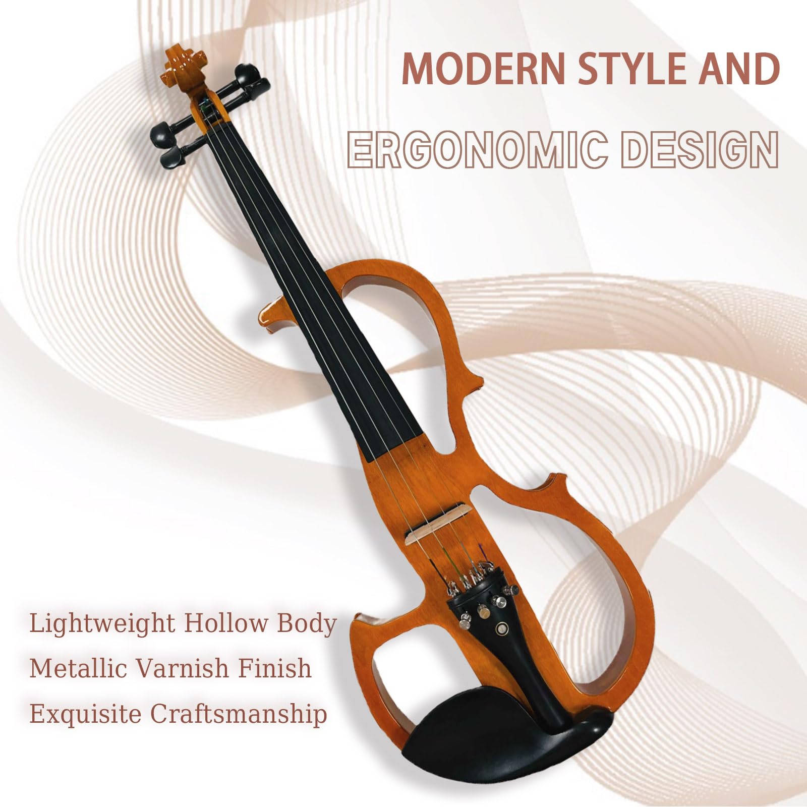 Electric Violin, 4/4 Full Size Solid Silent Fiddle with Ebony Fittings, Silent Electric Violin Kit for Beginner Students (Mahogany)