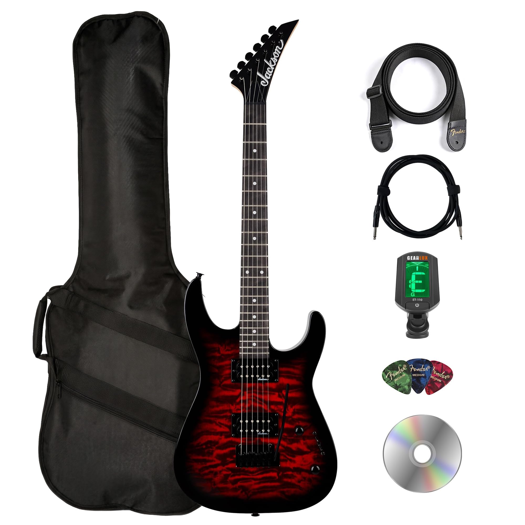 Jackson JS Series Dinky JS11 Electric Guitar - Metallic Red Bundle with Cable, Tuner, Strap, Picks, and Austin Bazaar Instructional DVD
