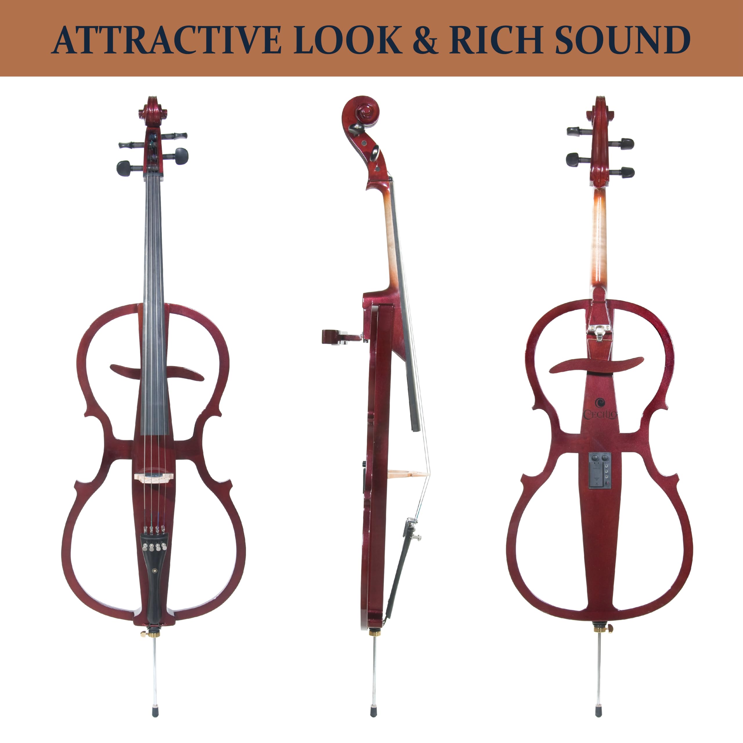 Cecilio 4/4 Electric Cello with Ebony Fittings, Professional Silent Electric Cello Kit with Bow, Rosin, Aux Cable and Headphone, Musical Instrument for Beginners, Black Metallic