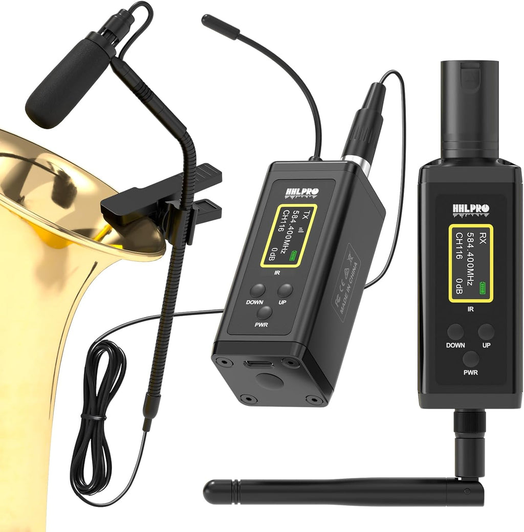 Saxophone Wireless Microphone System for Clarinet, Brass Instrument | UHF, 260FT Range, 360° Rotatable Clip-on Mic, XLR Adapter, Low Latency Transmitter & Receiver, F40S