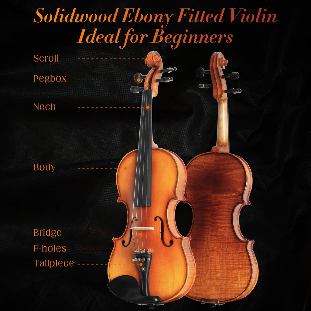 Acoustic Violin 4/4 Full Size, Solid Wood Fiddle for Beginners Adults, Ebony Fitted Satin Antique Finish Violin Starter Kit with Hard Case